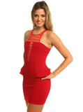 Striped Mesh Peplum Dress Red